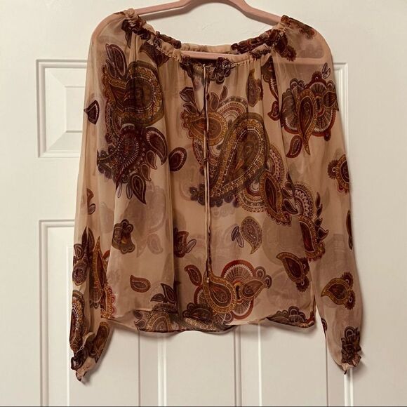 Boho Silk Chiffon Y2K ECI Paisley Popover Peasant split Neck Semi Sheer Top S - Picture 1 of 9